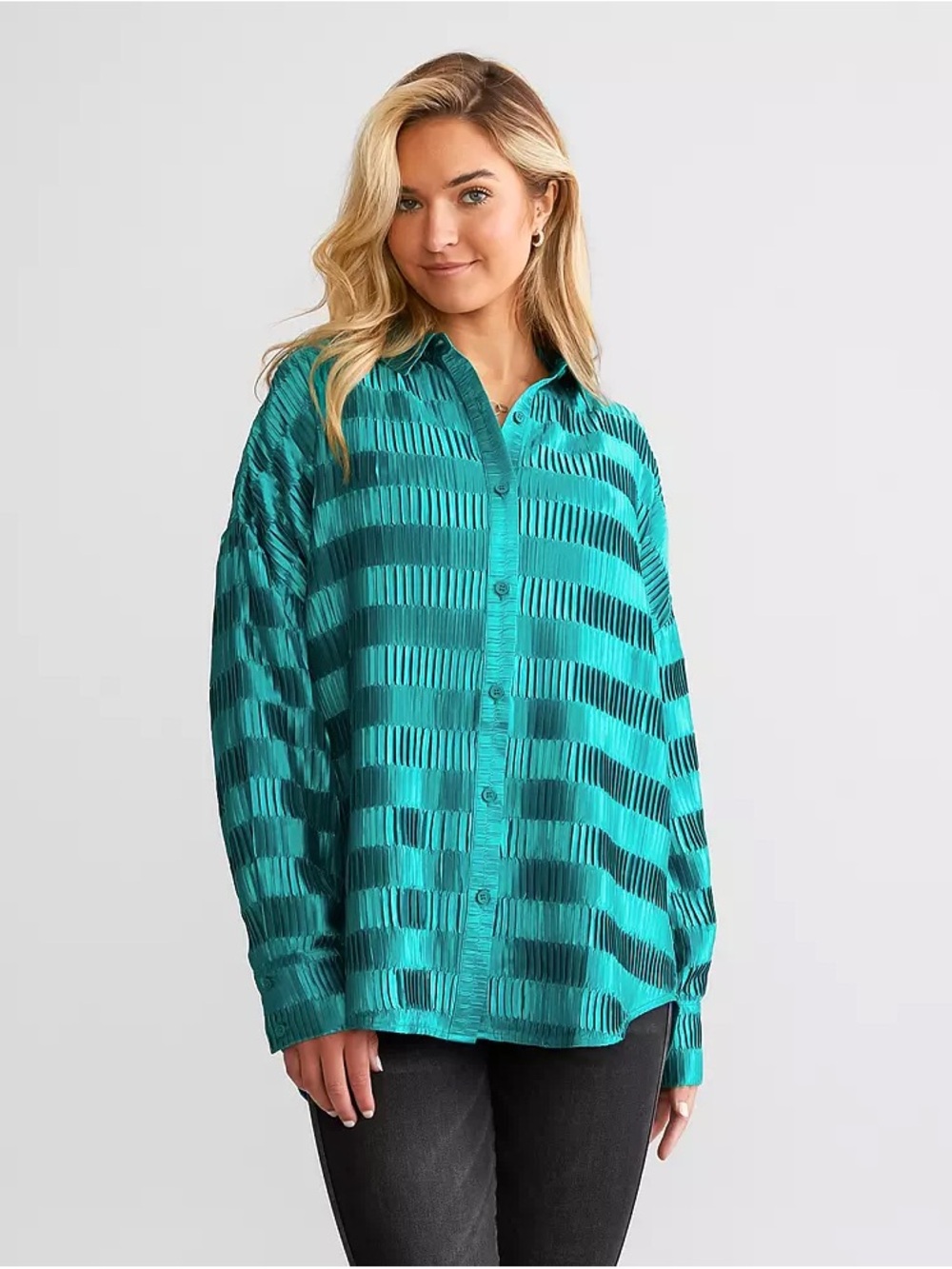 Buckle Willow & Root Teal Textured Striped Button-Up Blouse